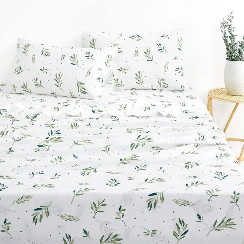 - Tree Leaves Sheet Set, 100% Cotton Bedding, Cottagecore Green Botanical Plan
