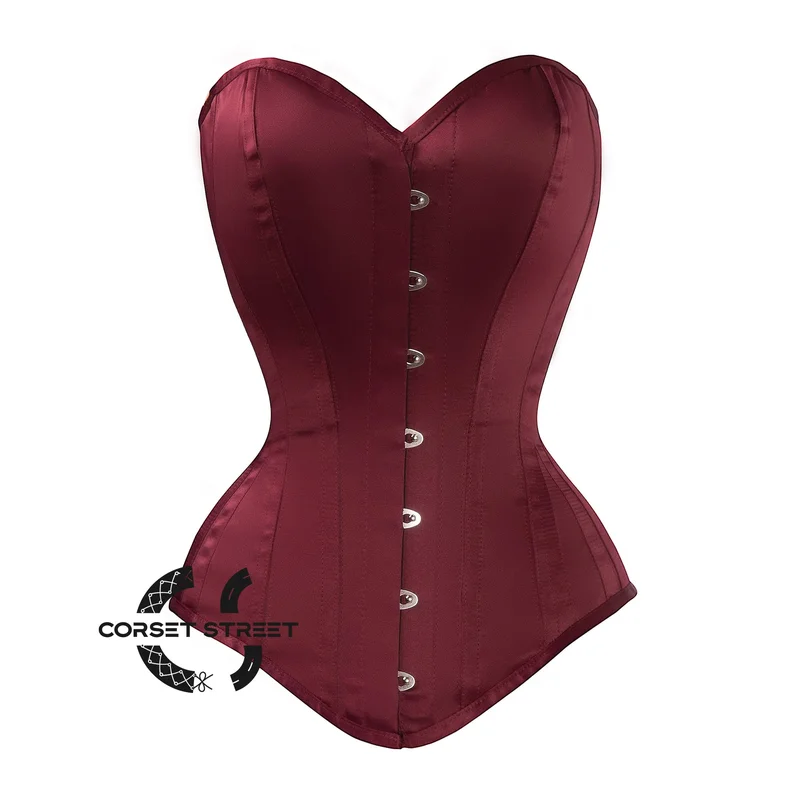 Burgundy Satin Burlesque Gothic Overbust Plus Size Corset Bustier Top